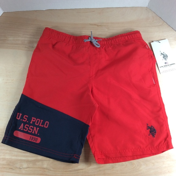 U.S. Polo Assn. Boys Swim Shorts Swim Trunks Size L 10-12 Red Blue NWT - Picture 1 of 11